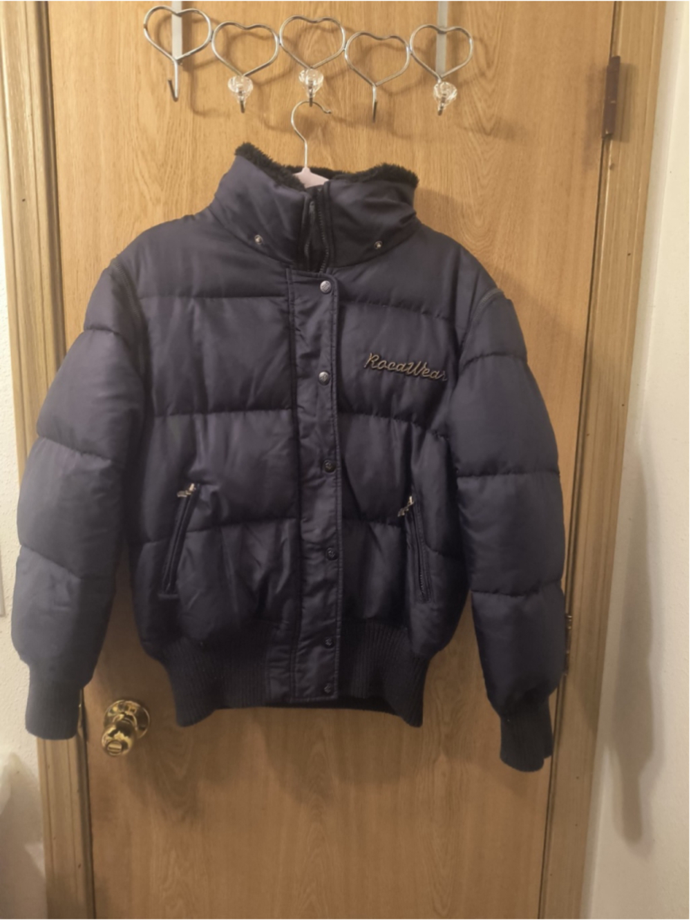 Vintage Y2K Rocawear Navy Blue Puffer Jacket Embroidered Script Back Spellout M